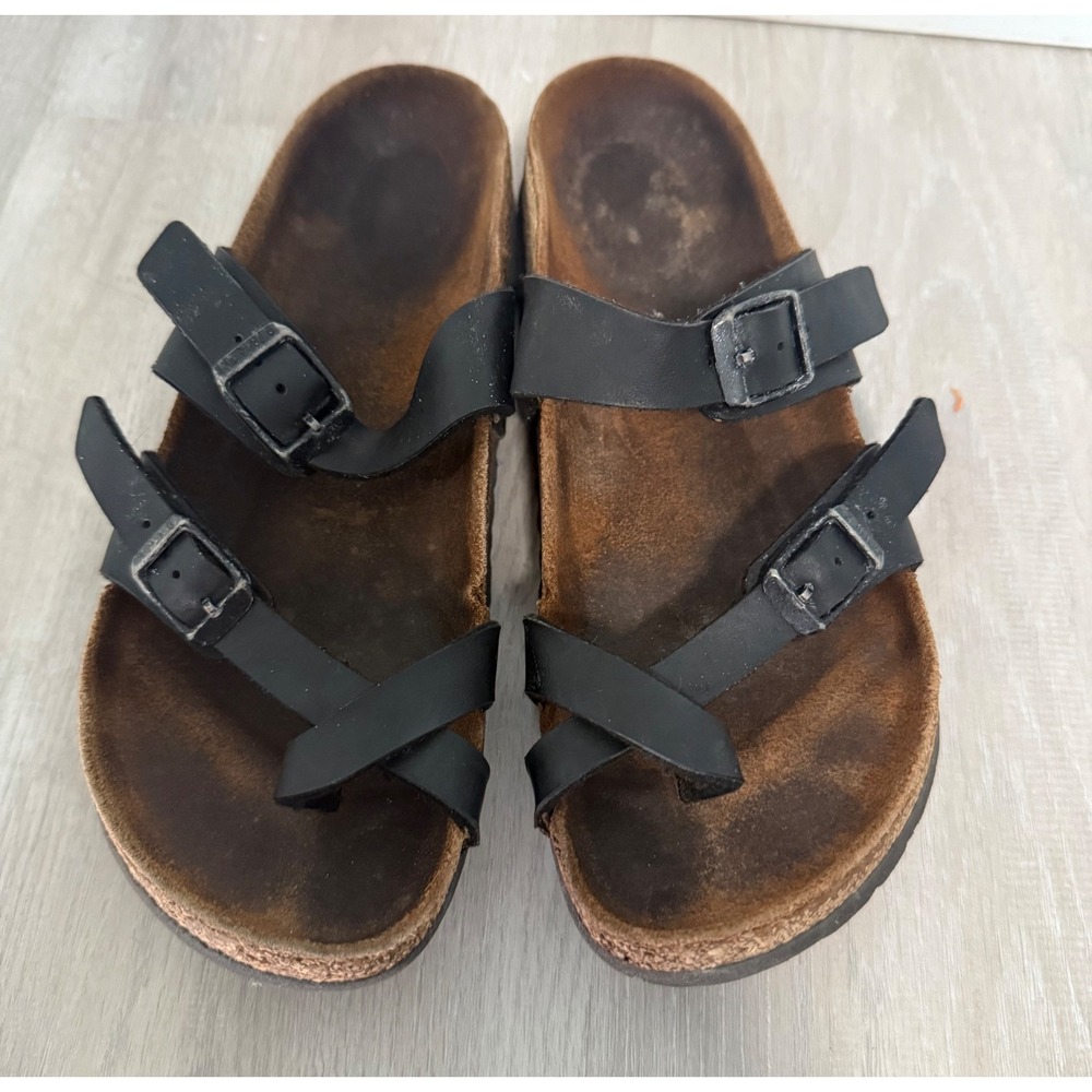 Birkenstock Mayari Sandals Womens 5 Black Leather Strap Cork Good Toe Loop Slide